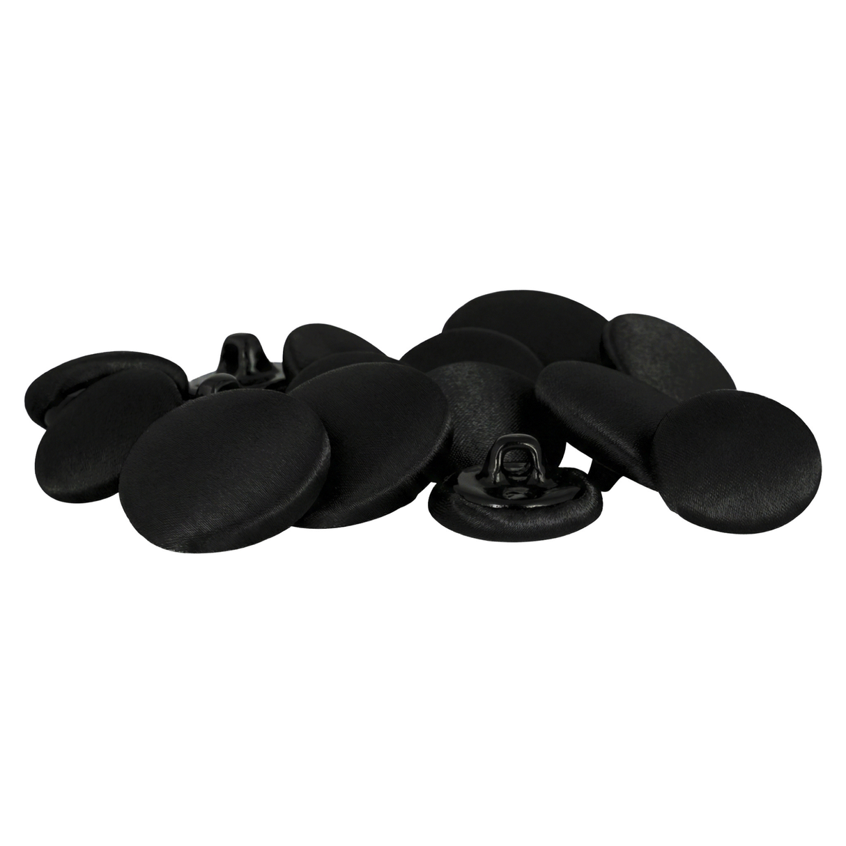 A set of Tuxedo Suit Buttons made from black satin fabric, shown on a white background.