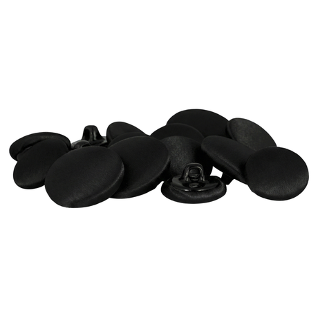 A set of Tuxedo Suit Buttons made from black satin fabric, shown on a white background.