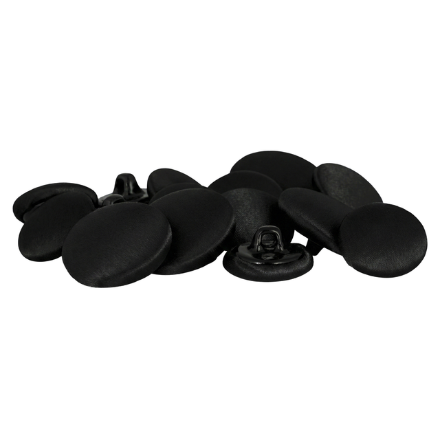 A set of Tuxedo Suit Buttons made from black satin fabric, shown on a white background.