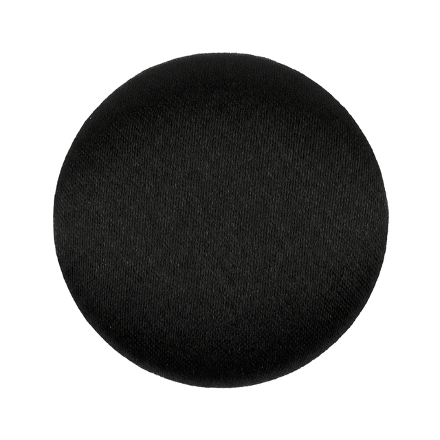 The Tuxedo Suit Buttons feature a plain, round design with black satin fabric covering, shown against a white background.
