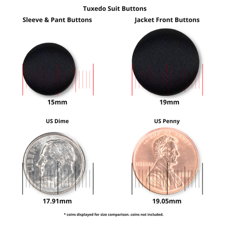 Tuxedo Suit Buttons in black satin, shown with US dime and penny for size comparison; includes sizes for sleeve, pant, and jacket front.