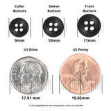 Three black Replacement Shirt Buttons in 9mm, 10mm, and 11mm sizes with two coins for size comparison (17.91mm and 19.05mm). Durable and perfect for any tailor's button kit or to replace shirt buttons easily.