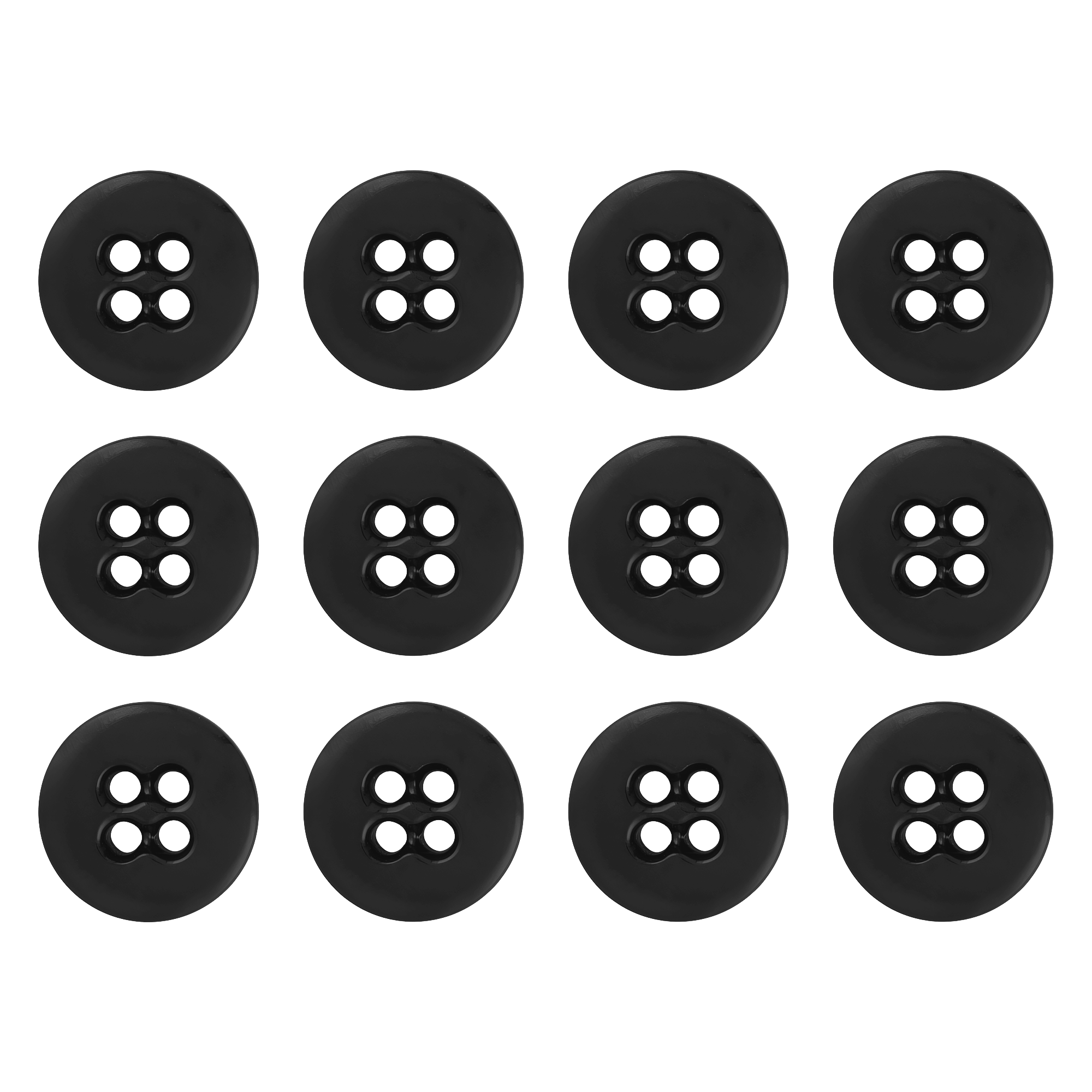 Twelve Suspender Brace Pant Buttons, black with four holes, are arranged in a 3x4 grid on a white background.