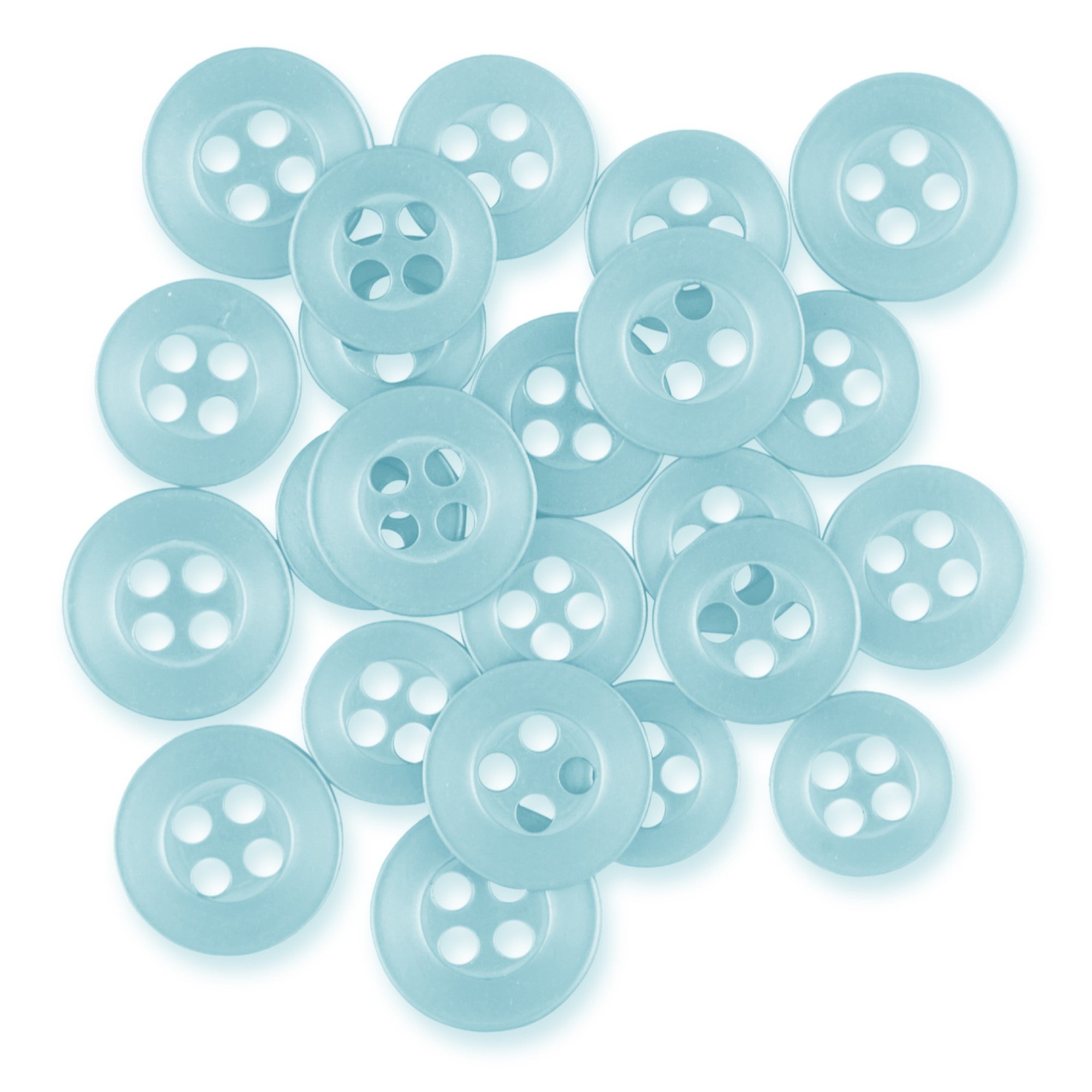 A pile of Replacement Shirt Buttons in light blue with a matte finish and four holes is scattered on a white background—ideal additions to any tailor's button kit.