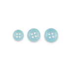 Three Replacement Shirt Buttons in light blue with a matte finish, each featuring four holes and varying sizes, are arranged in a row on a white background.