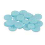 A pile of Replacement Shirt Buttons in light blue poly-nylon with a matte finish and four holes, displayed on a white background.