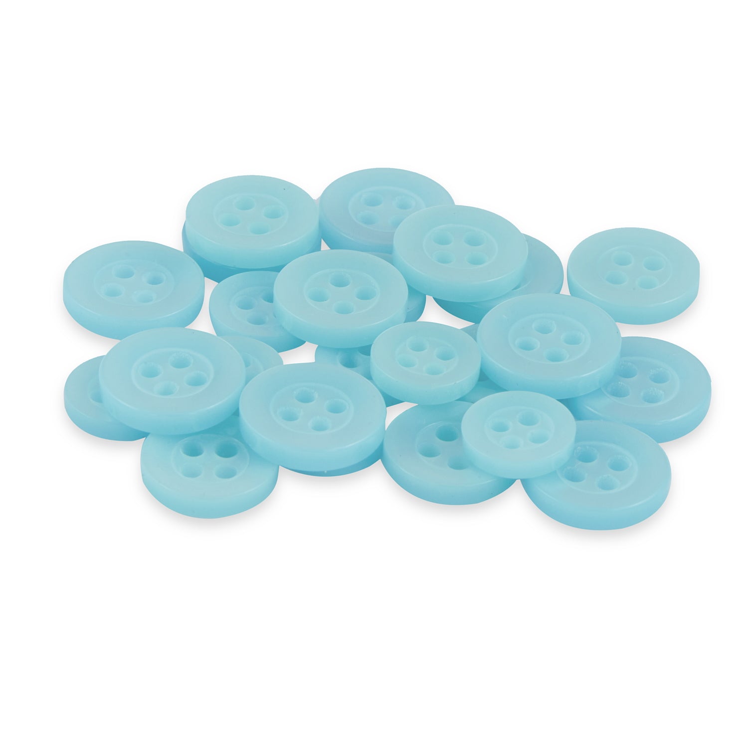 A pile of Replacement Shirt Buttons in light blue poly-nylon with a matte finish and four holes, displayed on a white background.