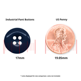 A 17mm black Work Pants Button is shown next to a 19.05mm US penny for size comparison.