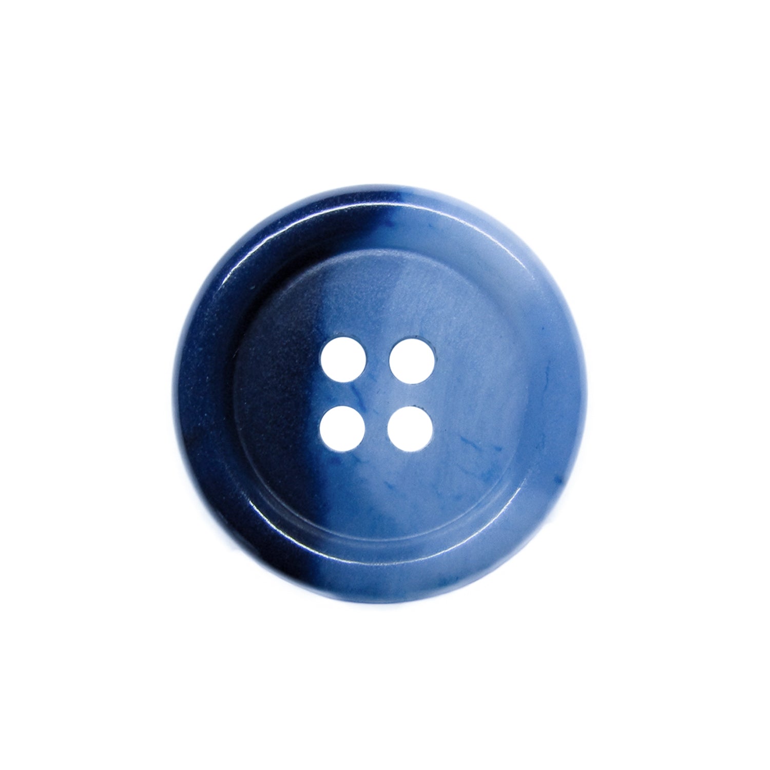 A round blue Luxury Suit Button with four holes, viewed from above on a white background—ideal as a vegan, eco-friendly choice for conscious tailoring.