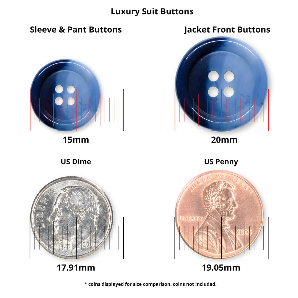Two blue Luxury Suit Buttons shown next to a US dime and penny for size comparison, with measurements labeled beneath each.