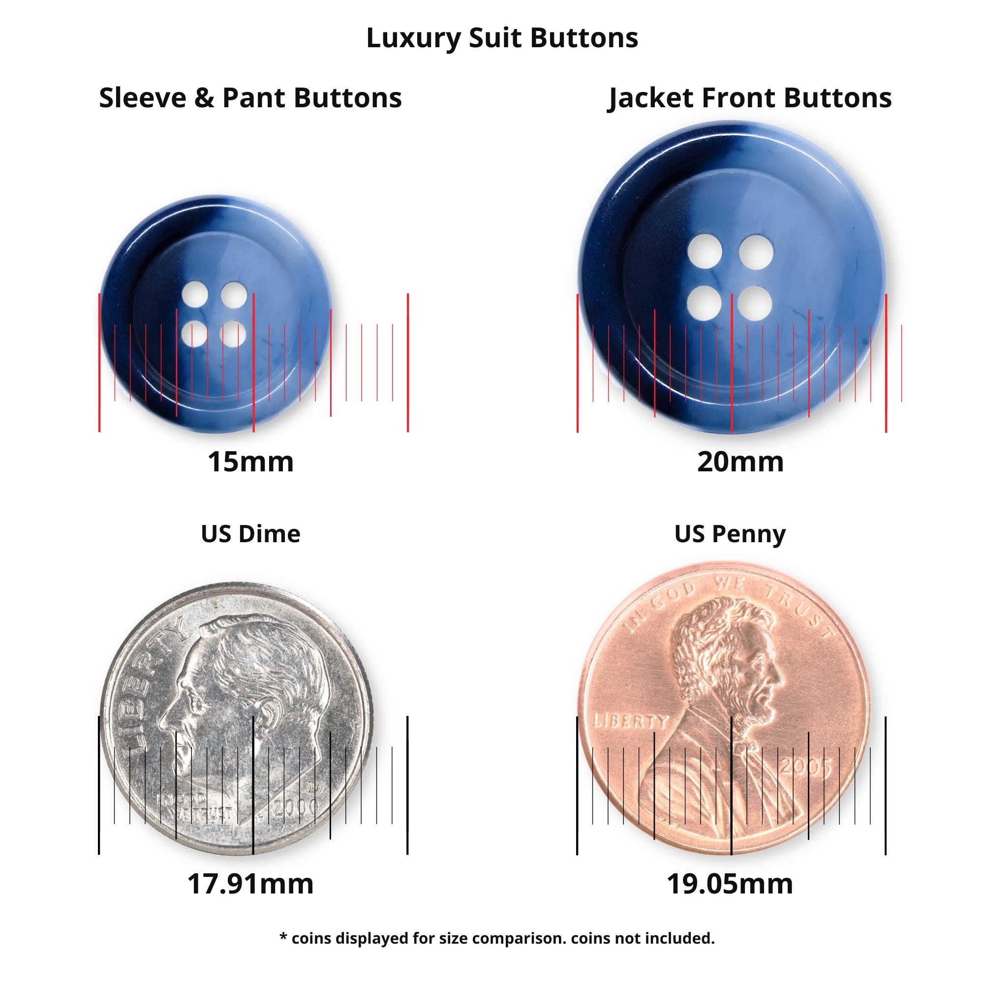 Two blue Luxury Suit Buttons shown next to a US dime and penny for size comparison, with measurements labeled beneath each.