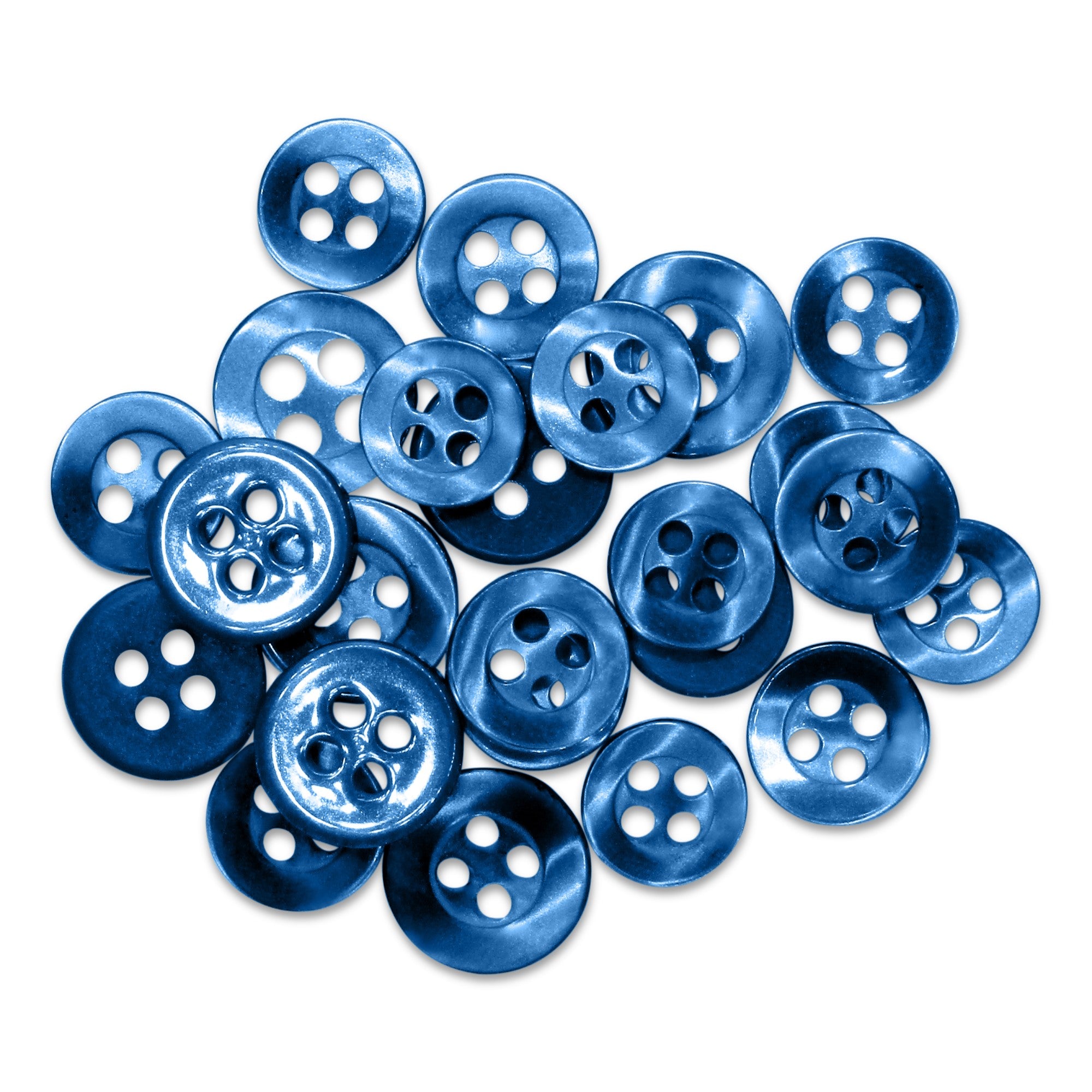 A pile of shiny blue Replacement Shirt Buttons with four holes is scattered on a white background.