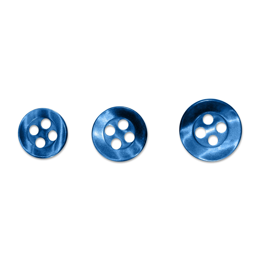 Three Replacement Shirt Buttons, blue with a matte finish, made of durable poly-nylon and in assorted sizes. Arranged in a row on a white background—ideal additions to any tailor’s button kit.