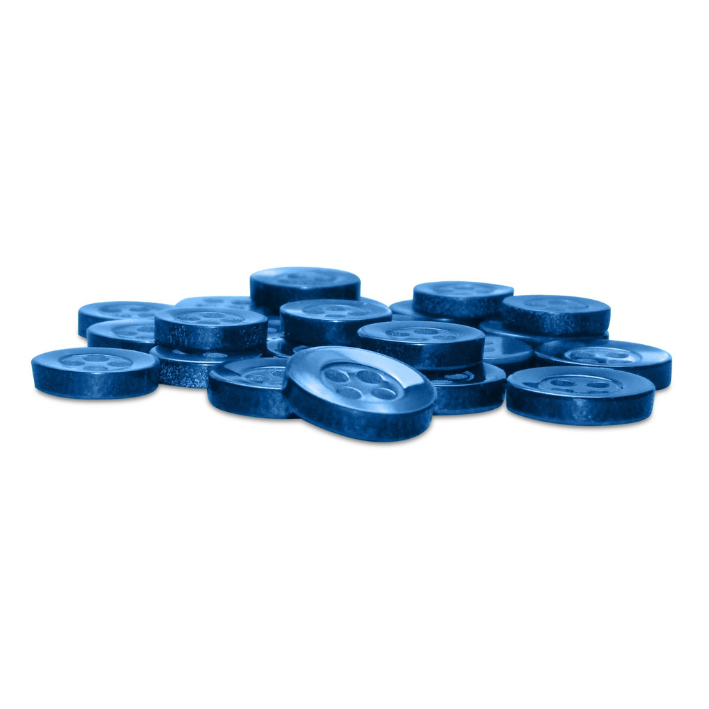 A pile of Replacement Shirt Buttons in blue matte finish, each featuring four holes, scattered on a white surface.