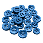 A pile of shiny blue Replacement Shirt Buttons with four holes is scattered on a white background.