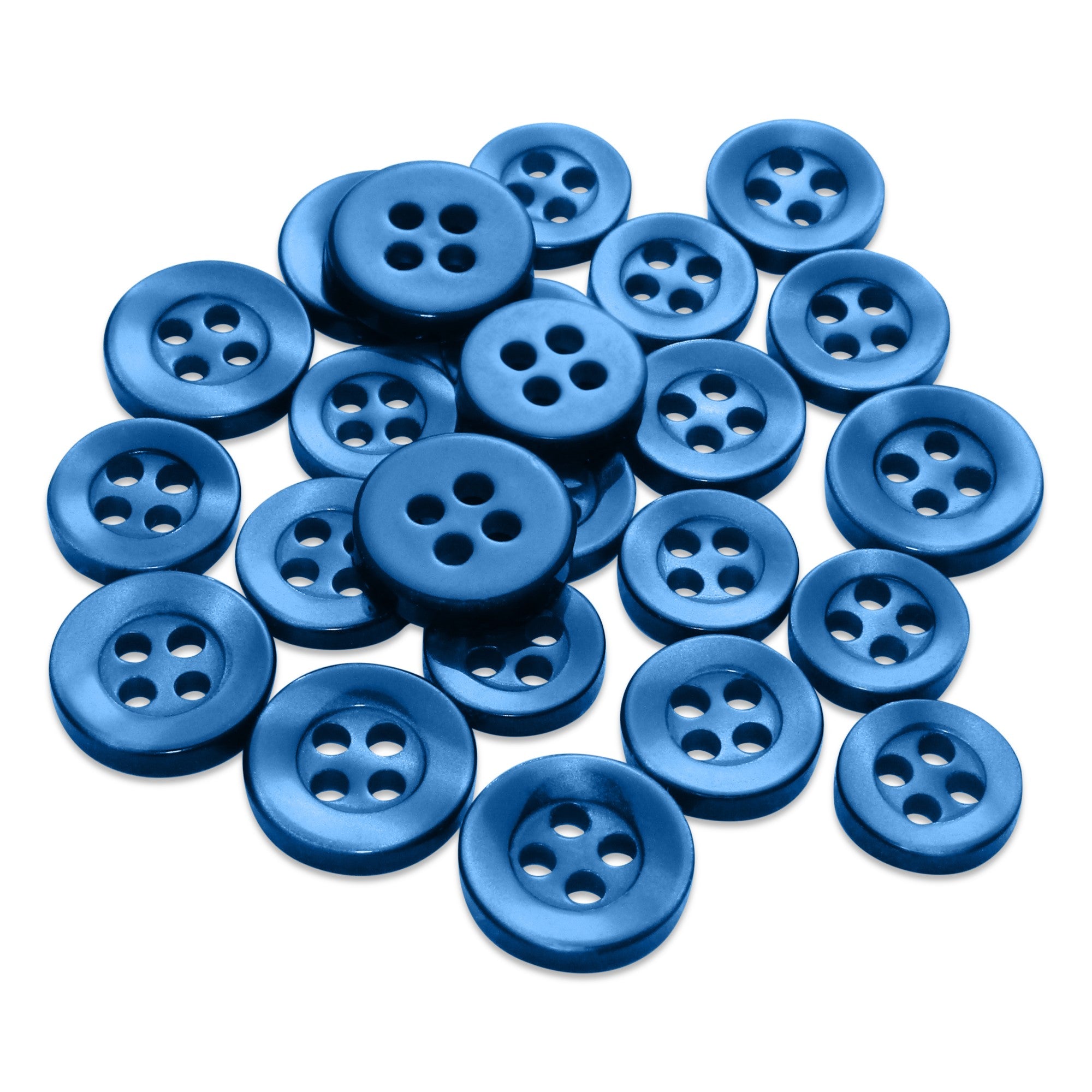 A pile of shiny blue Replacement Shirt Buttons with four holes is scattered on a white background.