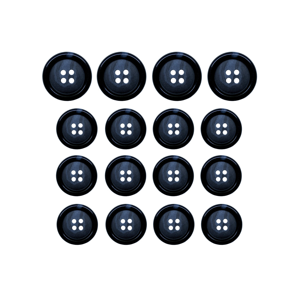 Fifteen Luxury Suit Buttons in black vegan material are arranged in a 4x4 grid with one space empty, displayed on a white background.