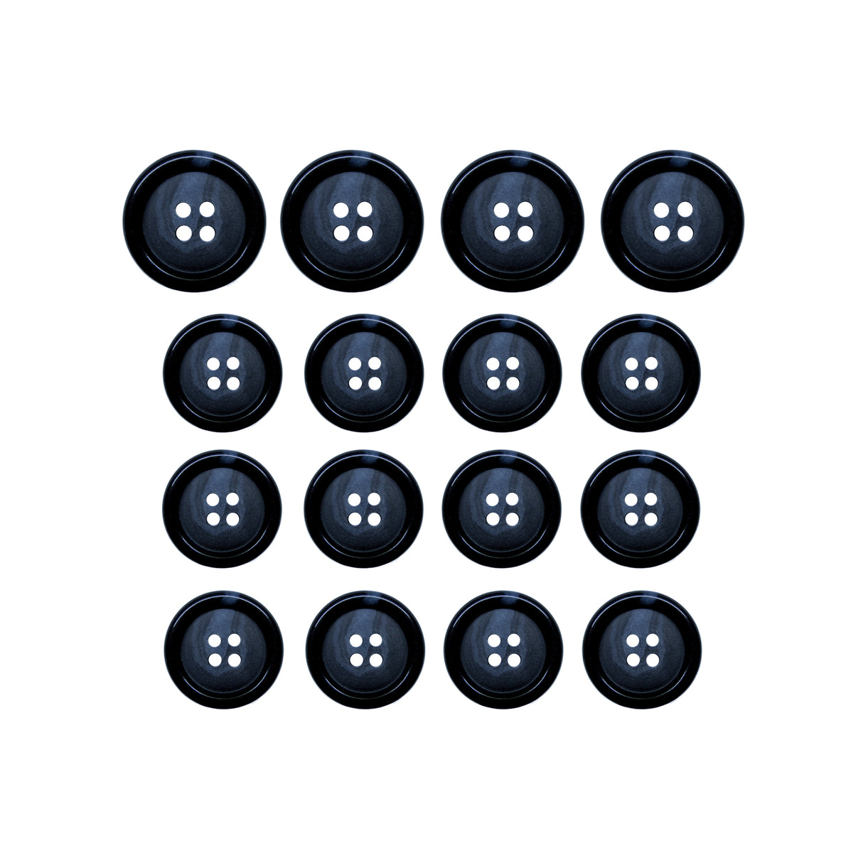 Fifteen Luxury Suit Buttons in black vegan material are arranged in a 4x4 grid with one space empty, displayed on a white background.
