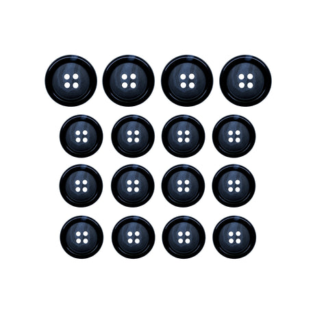 Fifteen Luxury Suit Buttons in black vegan material are arranged in a 4x4 grid with one space empty, displayed on a white background.