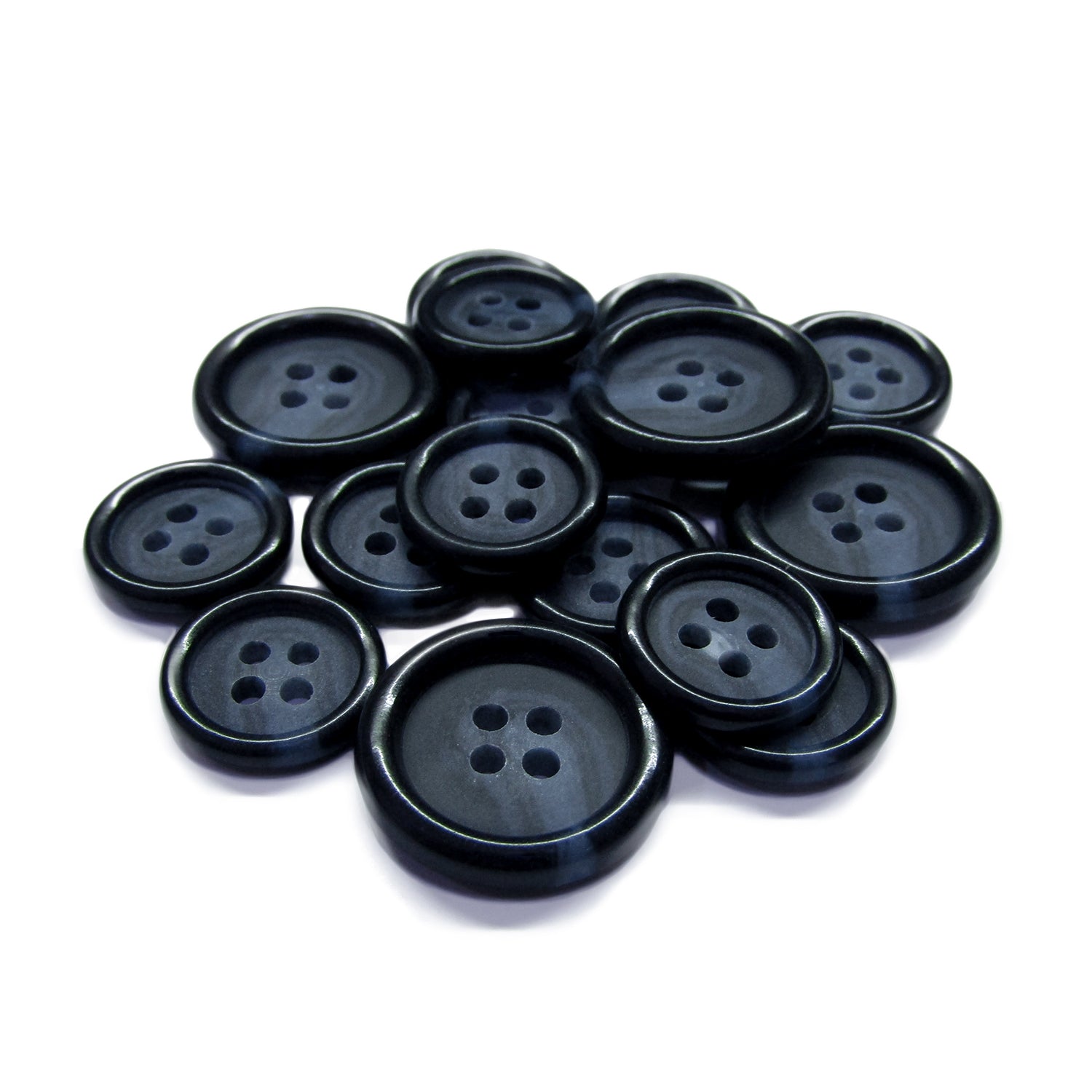 Luxury Suit Buttons in dark blue with four holes, available in various sizes, displayed on a white background.