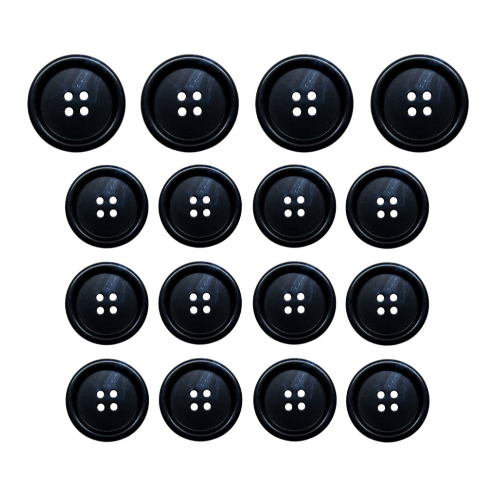Fifteen Premium Suit Buttons in black, each with four holes, are neatly arranged in a square grid on a white background.