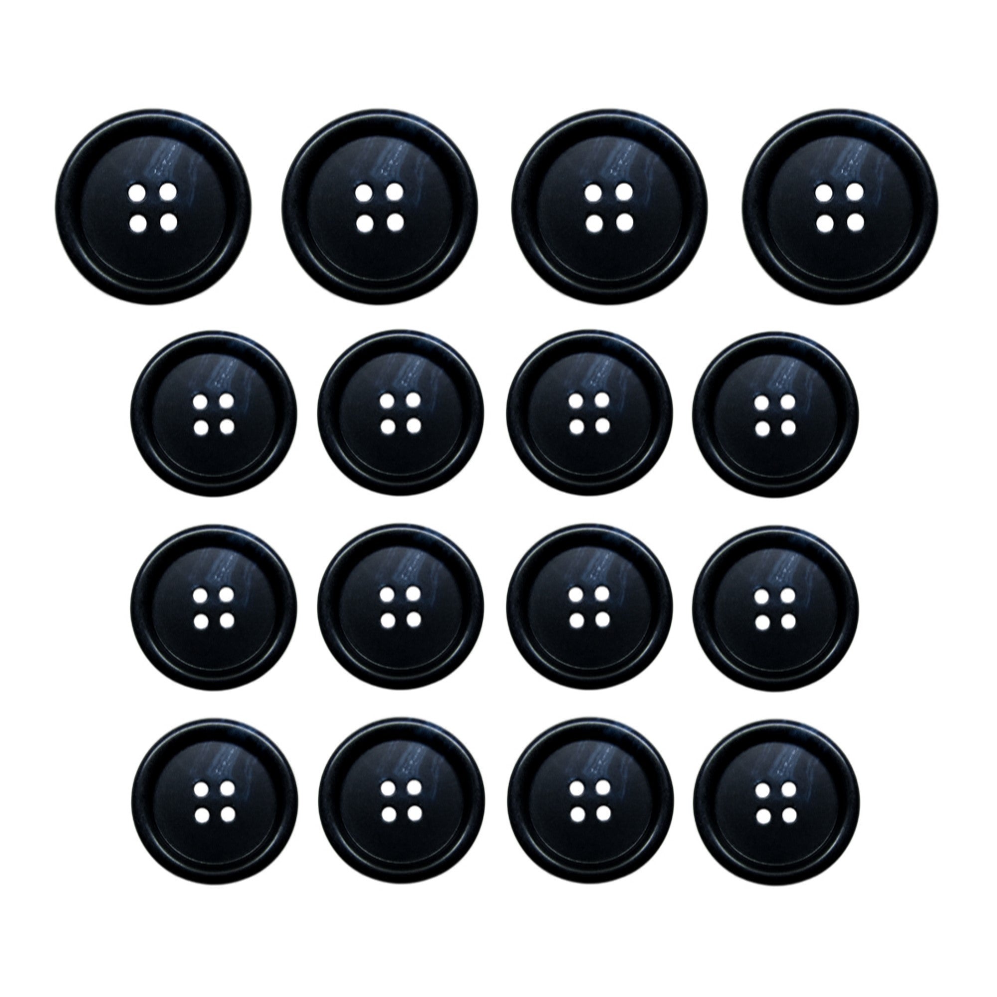 Fifteen Premium Suit Buttons in black, each with four holes, are neatly arranged in a square grid on a white background.