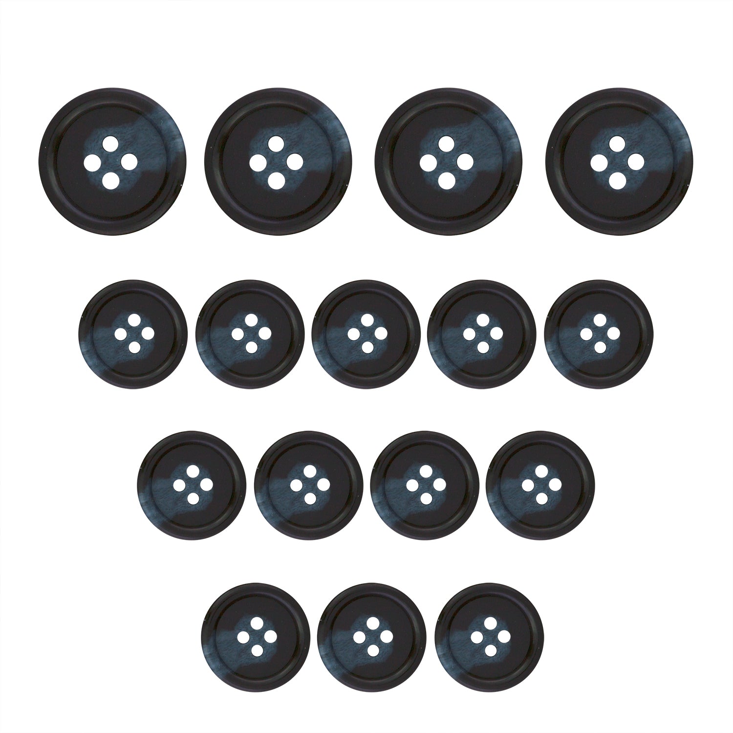 Fourteen Regular Suit Buttons in various sizes are arranged in a triangle on a white background.