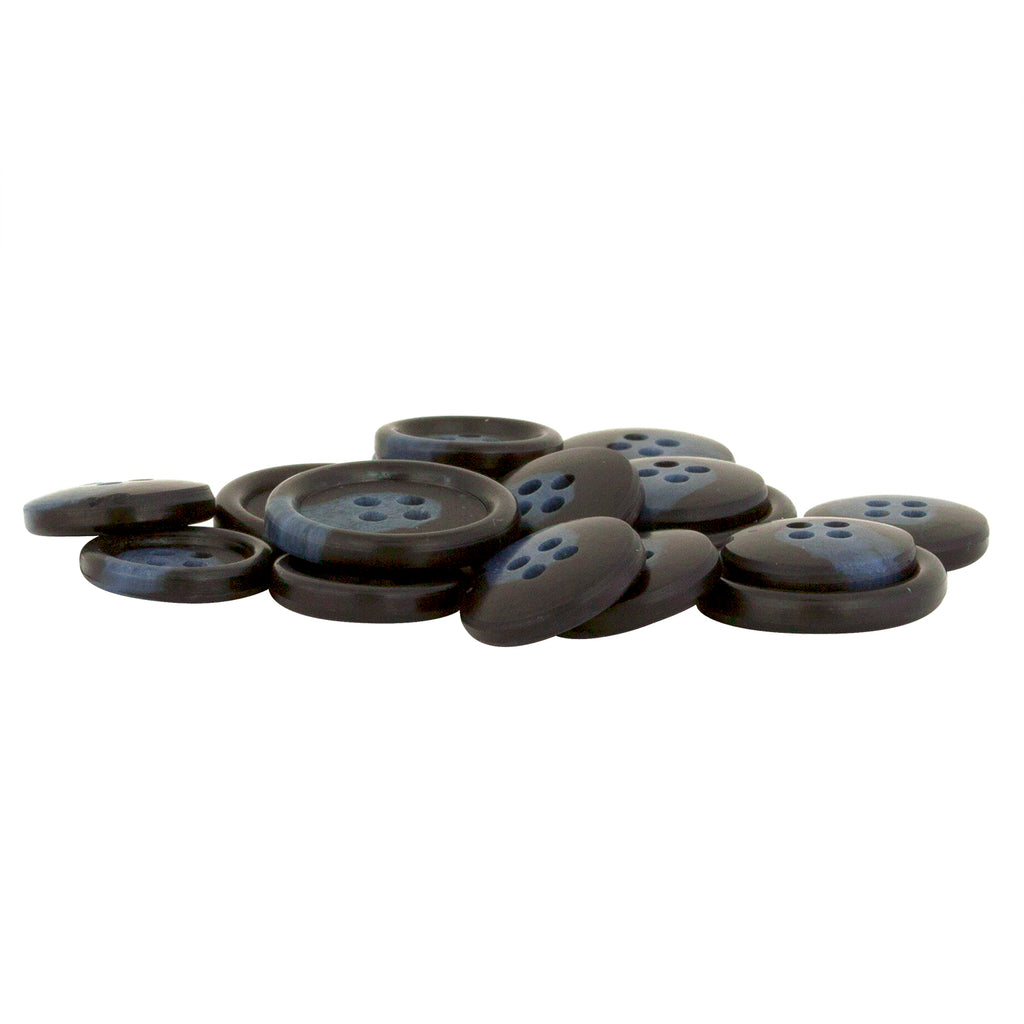 A pile of Regular Suit Buttons in dark blue with four holes is scattered on a white background.