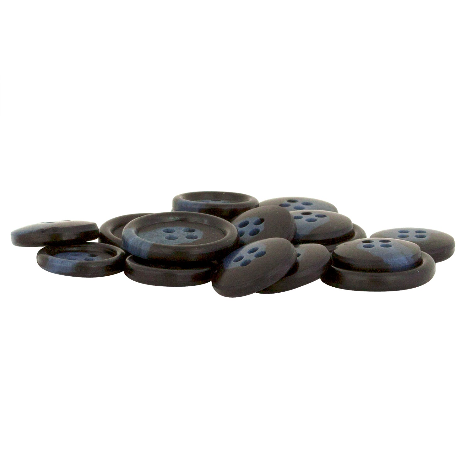 A pile of Regular Suit Buttons in dark blue with four holes is scattered on a white background.