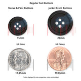 Two Regular Suit Buttons in black, shown next to a US dime and penny for size reference. Measurements in millimeters included—ideal replacement buttons for suits.