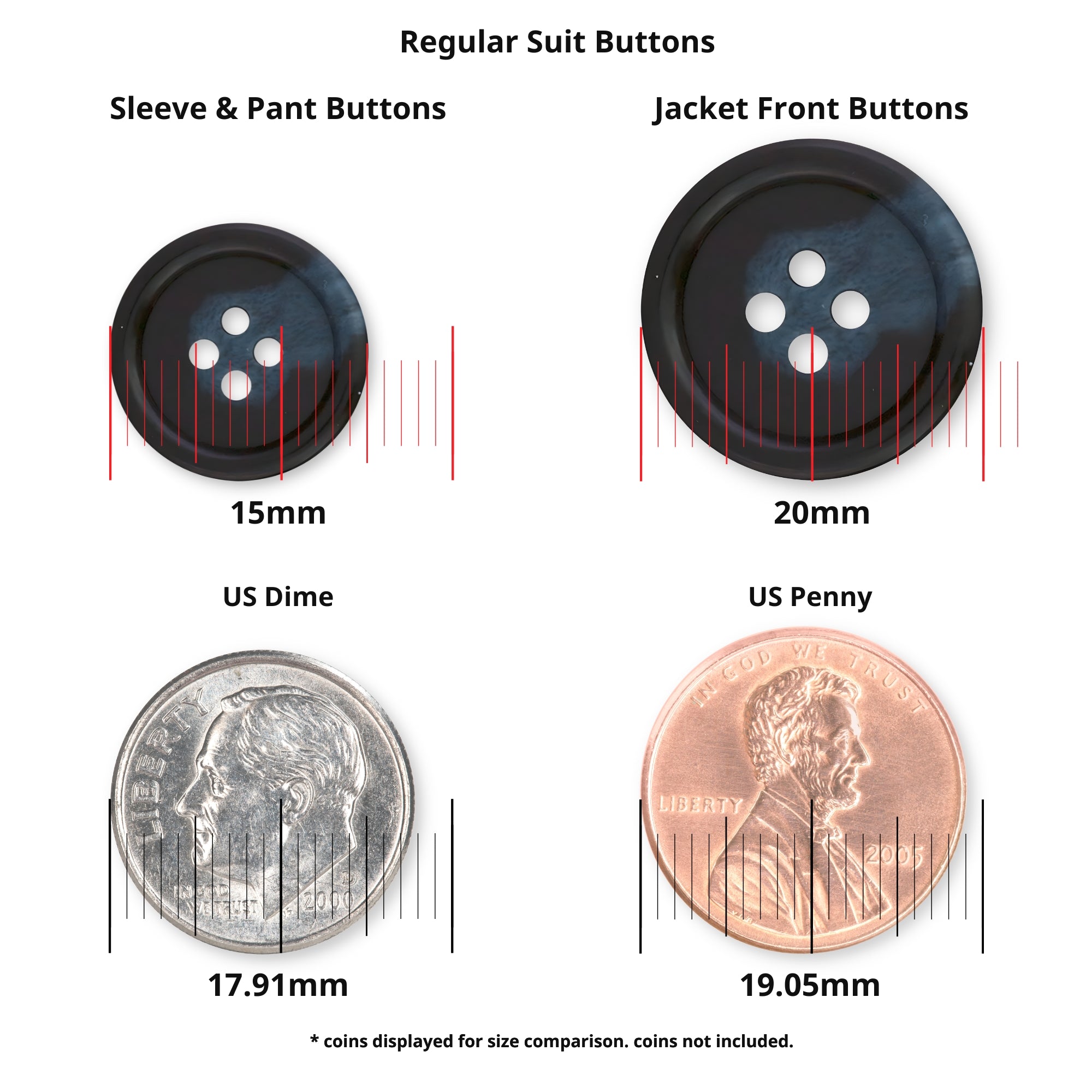 Two Regular Suit Buttons in black, shown next to a US dime and penny for size reference. Measurements in millimeters included—ideal replacement buttons for suits.