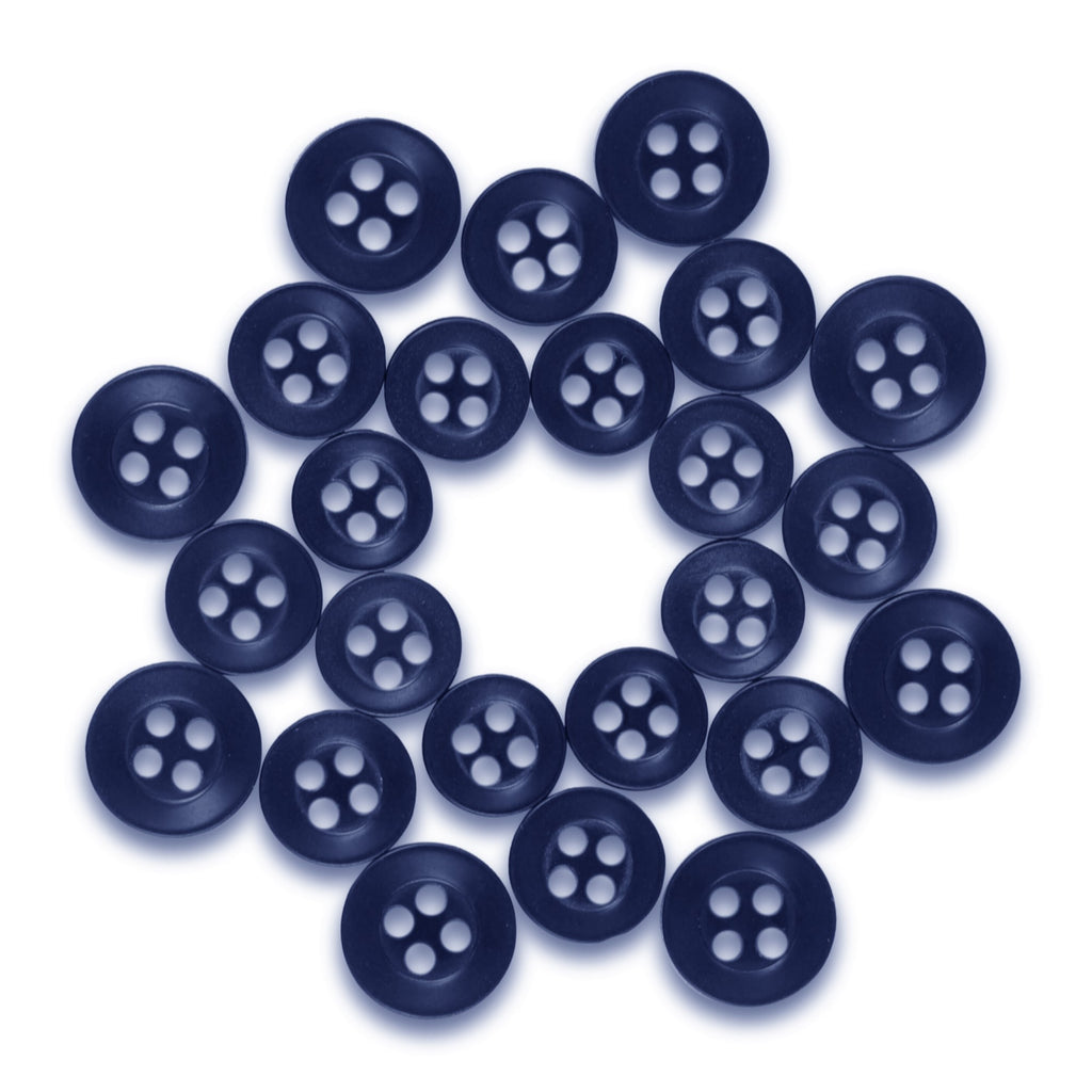 Twenty-four Replacement Shirt Buttons in dark blue poly-nylon are arranged in a circular pattern on a white background.
