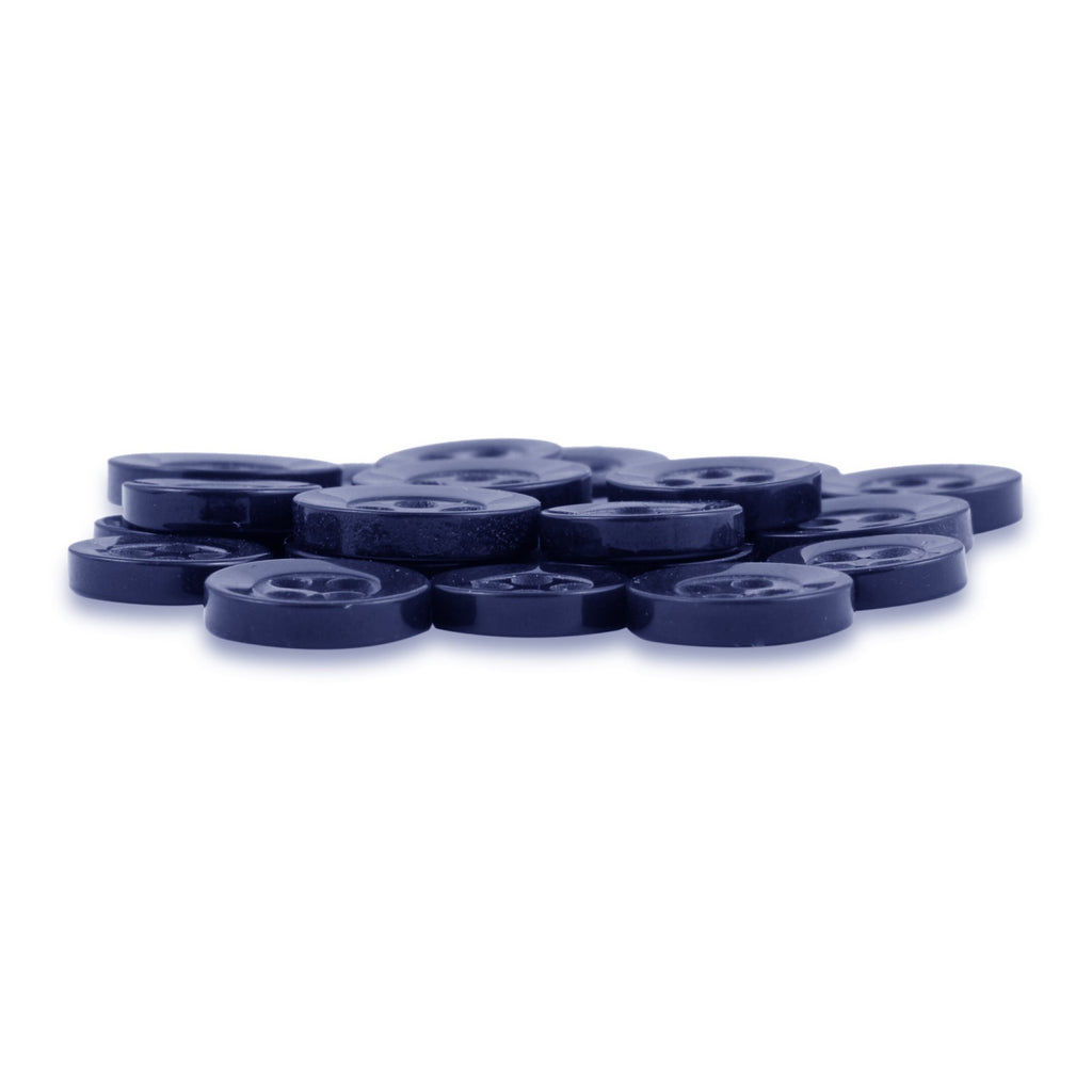 A stack of Replacement Shirt Buttons with a dark blue matte finish is arranged on a white background.