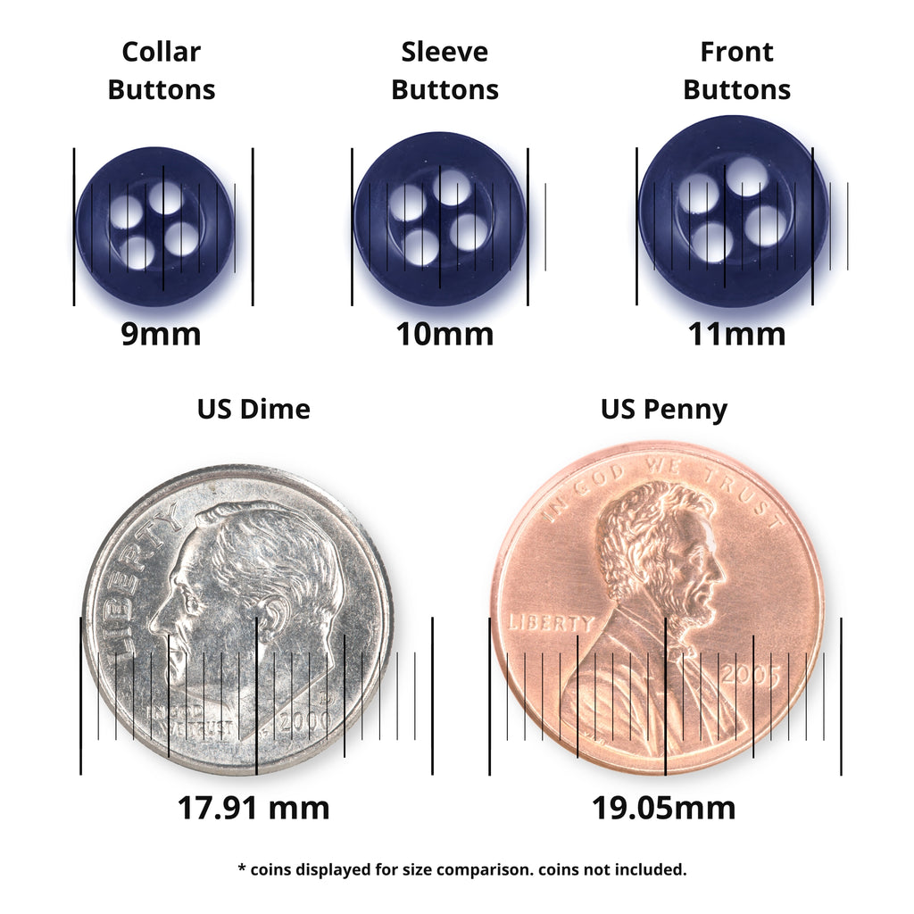 Three matte finish Replacement Shirt Buttons in different sizes are shown above a US dime and penny for size comparison, with measurements labeled.