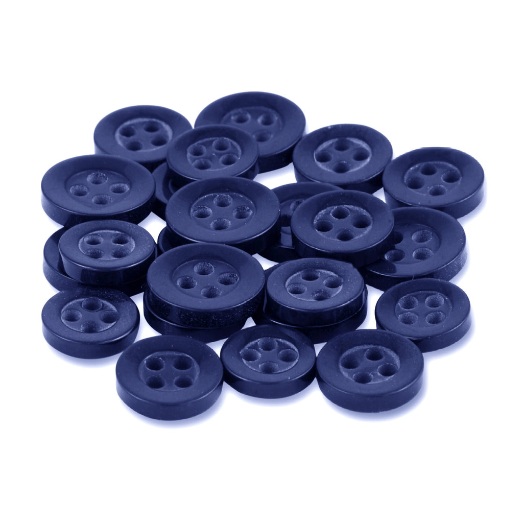 A pile of round, black, matte finish Replacement Shirt Buttons with four holes is displayed on a white background.