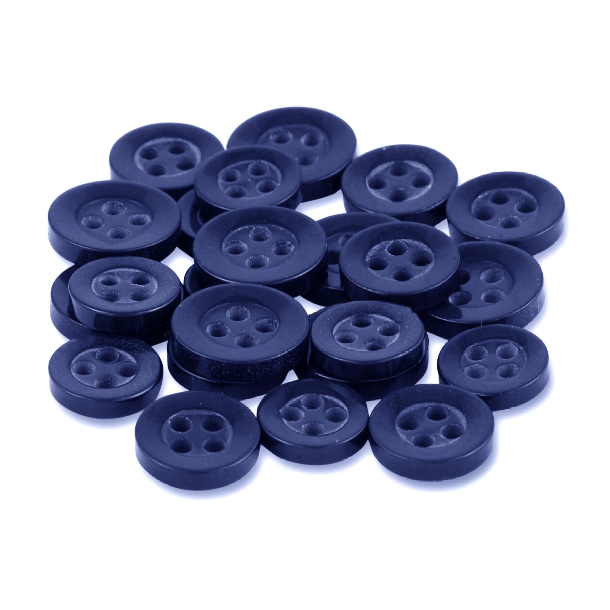 A pile of round, black, matte finish Replacement Shirt Buttons with four holes is displayed on a white background.