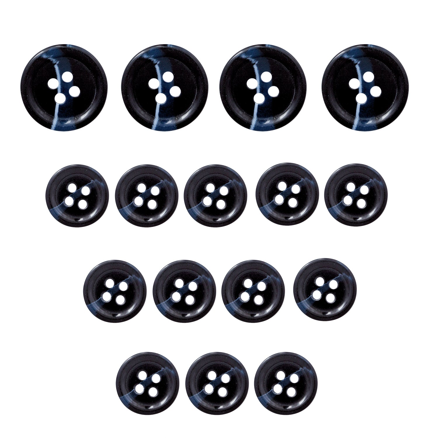 Fifteen Standard Suit Buttons in black, arranged by size from largest on top to smallest at bottom—ideal replacements for your black blazer.