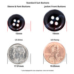 Comparison of Standard Suit Buttons and coins, showing sizes of 15mm, 19mm, 17.91mm, and 19.05mm, including black blazer buttons and replacement options.