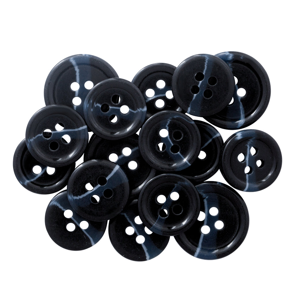 Standard Suit Buttons: Black, round replacement buttons with white streaks and four holes—ideal as black blazer buttons or for upgrading your favorite suit.