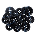 Standard Suit Buttons: Black, round replacement buttons with white streaks and four holes—ideal as black blazer buttons or for upgrading your favorite suit.