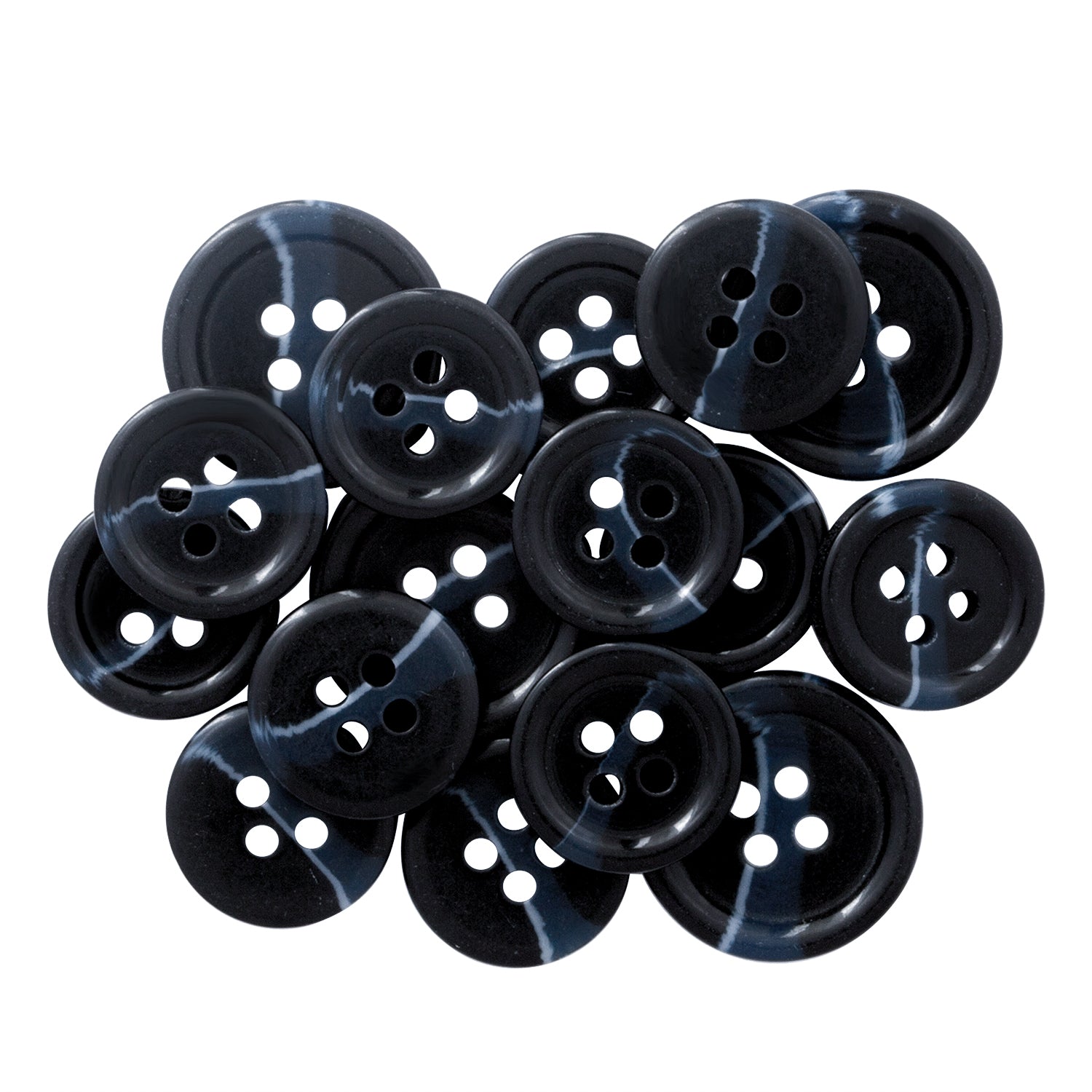 Standard Suit Buttons: Black, round replacement buttons with white streaks and four holes—ideal as black blazer buttons or for upgrading your favorite suit.