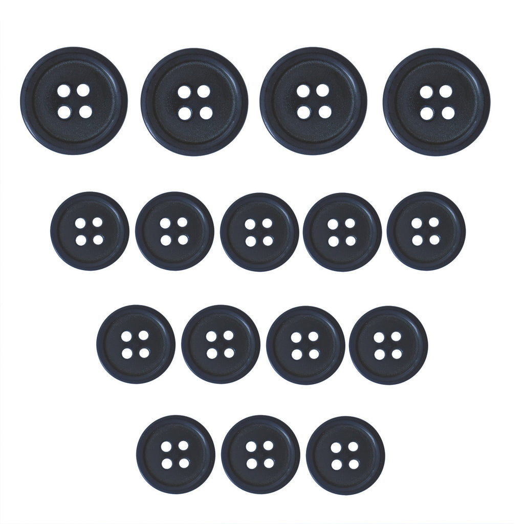 Fourteen Standard Suit Buttons in black, displayed in four rows on a white background forming a triangle—ideal as replacement buttons for your favorite suit.