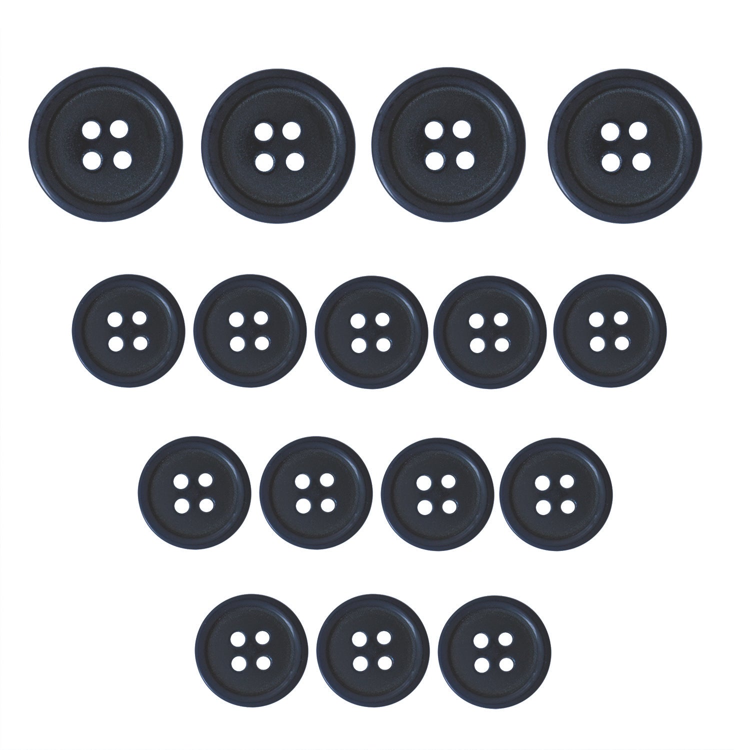 Fourteen Standard Suit Buttons in black, displayed in four rows on a white background forming a triangle—ideal as replacement buttons for your favorite suit.