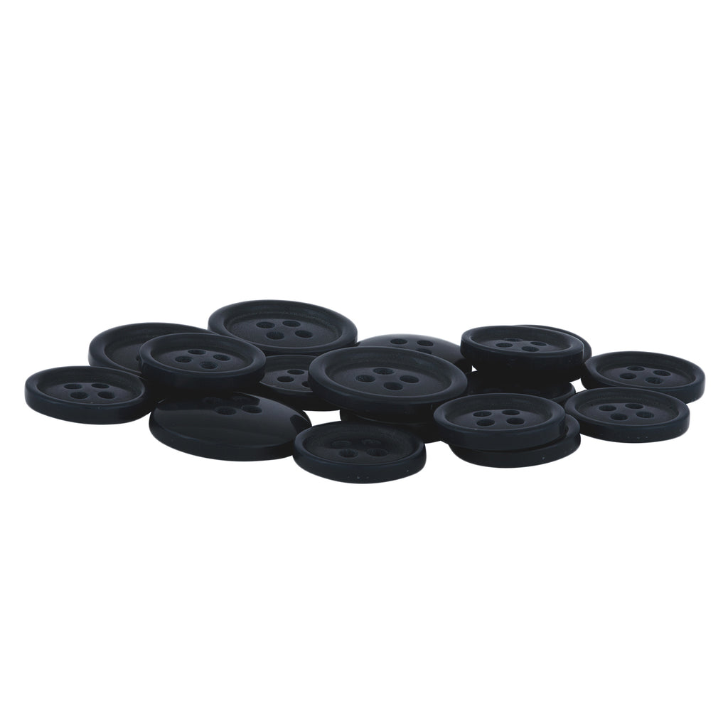 A selection of Standard Suit Buttons, black, round, and four-hole, in assorted sizes displayed on a white background.