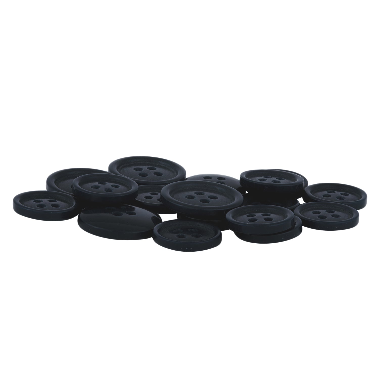 A selection of Standard Suit Buttons, black, round, and four-hole, in assorted sizes displayed on a white background.