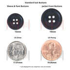 Comparison of Standard Suit Buttons and coins, displaying millimeter size differences with clear labels—perfect for choosing replacement buttons or matching black blazer buttons.