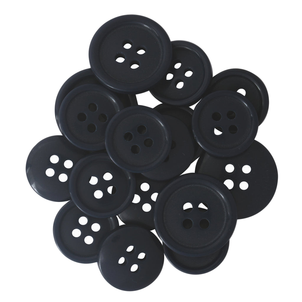 A pile of Standard Suit Buttons, black and round with multiple holes, displayed on a white background.