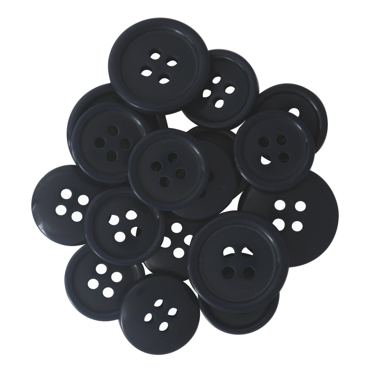 A pile of Standard Suit Buttons, black and round with multiple holes, displayed on a white background.
