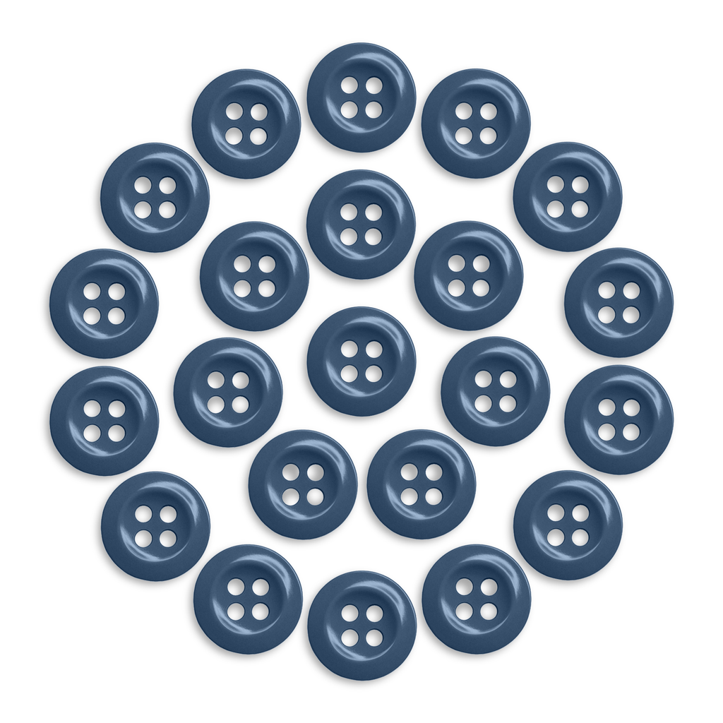 Twenty-two blue Work Shirt Buttons from the 22 Pack, arranged in a circle on a white background.