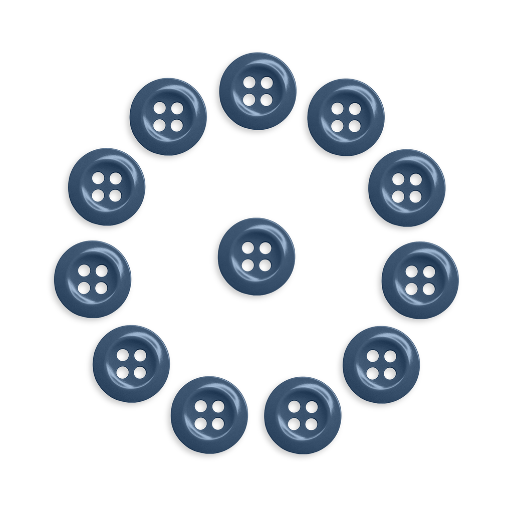 Twelve Work Shirt Buttons from the 12 Pack are arranged in a circle around one blue button at the center on a white background.